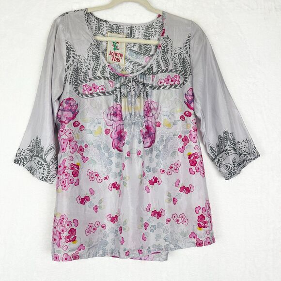 Johnny Was Silk Top Size Small Tie Back 3/4 Sleeve Floral Boho Babydoll Scoop - Picture 1 of 6